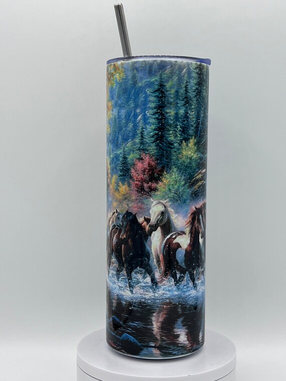 Wild Horses River Mountains Stainless Steel Travel Tumbler Sublimation 20oz or 30oz Cup Straight Drinking Tumbler Hot and cold Drinks