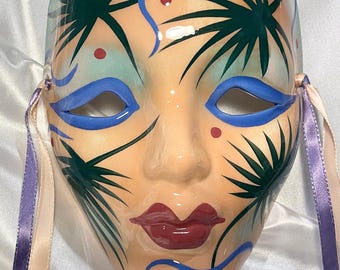 Gorgeous Vintage Mardi Gras Porcelain Hand Painted Mask, Signed, 1986