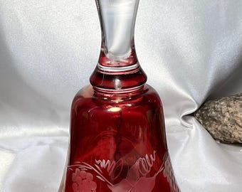 Gorgeous Hand Blown, Etched Cranberry Red Crystal Bell Vintage