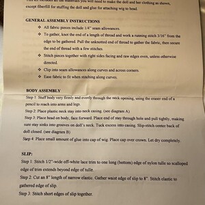 May include: Printed instructions for a doll in a green coat, with assembly steps and general instructions. The text includes details on fabric pieces, stitching, and body assembly, with diagrams referenced. The document is titled "Jessica".