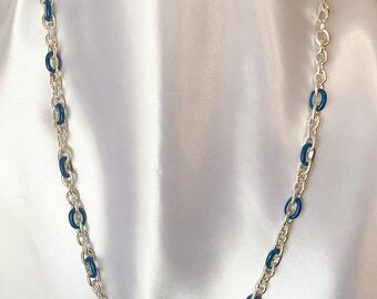 Lovely Navy Enamel And Silver Tone Link Necklace And Clip On Earrings Set