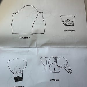 May include: A printed paper with diagrams for a doll's green coat. The diagrams, labeled F, G, H, and I, show different pattern pieces and construction details. The text "DOLL IN GREEN COAT" is at the top.