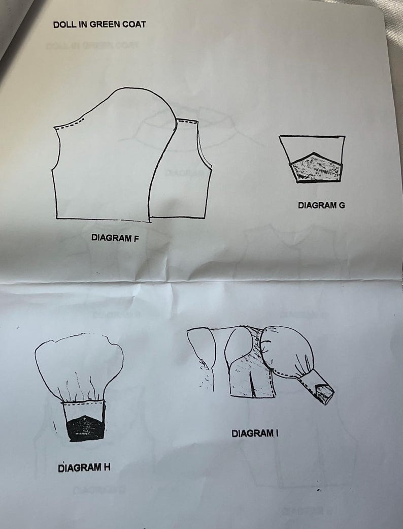 May include: A printed paper with diagrams for a doll's green coat. The diagrams, labeled F, G, H, and I, show different pattern pieces and construction details. The text "DOLL IN GREEN COAT" is at the top.