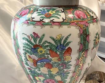 Gorgeous Vintage Large Famille Rose Hand Painted Porcelain Jar With Base