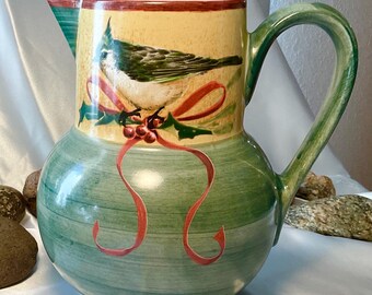Vintage Lenox Winter Greetings Earthenware Pitcher Depicting A Bird, Ribbon And Holly Berries