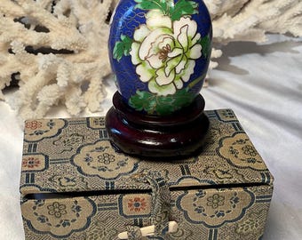 Gorgeous Vintage Cobalt Blue, White And Gold Cloisonné Egg With Stand and Original Satin Lined Box