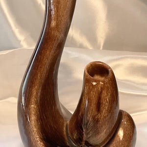 May include: A brown ceramic vase with a unique, curved design. The vase has a glossy finish and a small opening at the top. The base has a bulbous shape with a textured detail. The vase is approximately 12 inches tall.