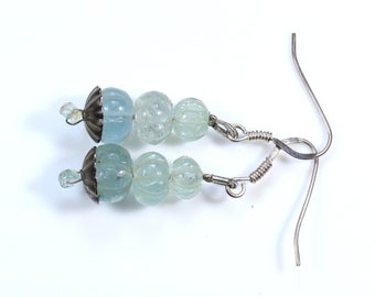 Carved Aquamarine Earrings - Healing Crystal - Blue Aquamarine Gemstone Earrings - 1.5" Boho Aquamarine Earrings March Birthstone