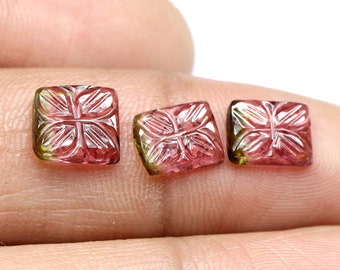 Natural Pink Tourmaline Carving Gemstone 3 Pieces Pair Earring Set Tourmaline Carved Gemstone Rectangle Shape Tourmaline Gemstone ForJewelry