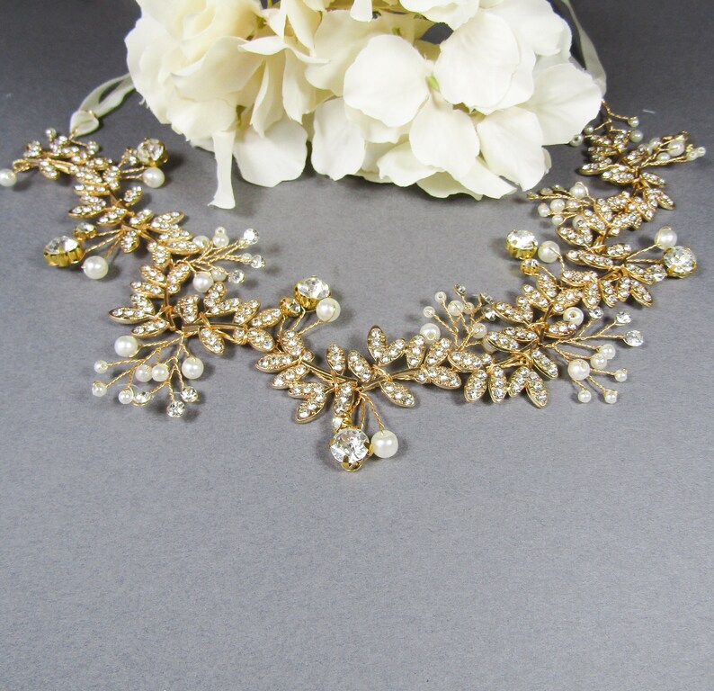 Delicate Floral Headband Gold Vine Wedding Hair Vine Ribbon Headband Halo Rhinestone Headband Floral Bridal Hair Vine