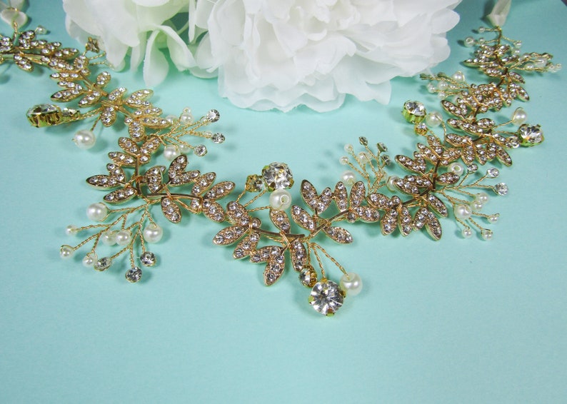 Delicate Floral Headband Gold Vine Wedding Hair Vine Ribbon Headband Halo Rhinestone Headband Floral Bridal Hair Vine