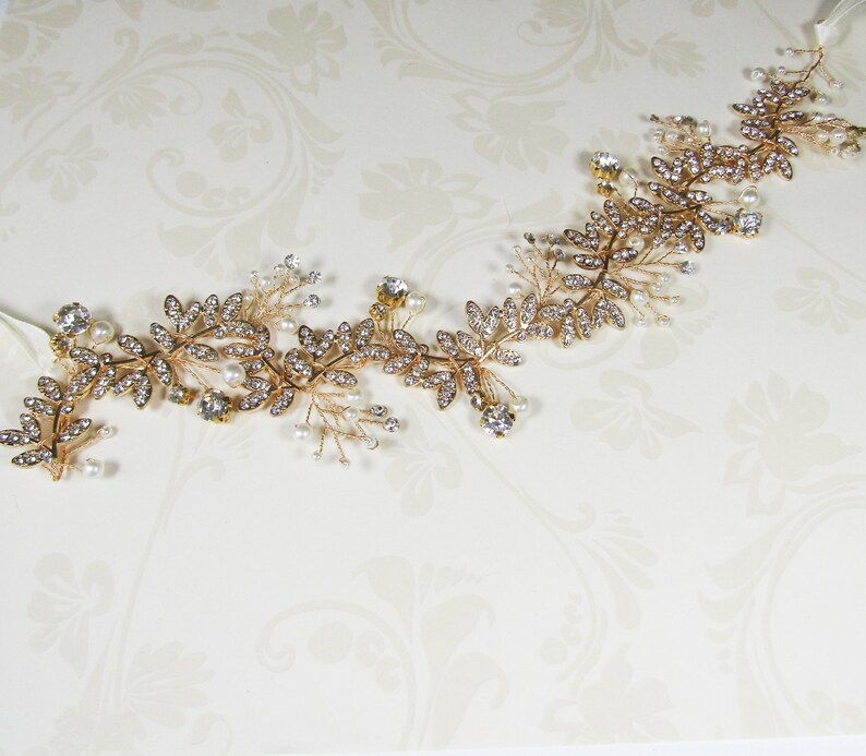 Delicate Floral Headband Gold Vine Wedding Hair Vine Ribbon Headband Halo Rhinestone Headband Floral Bridal Hair Vine