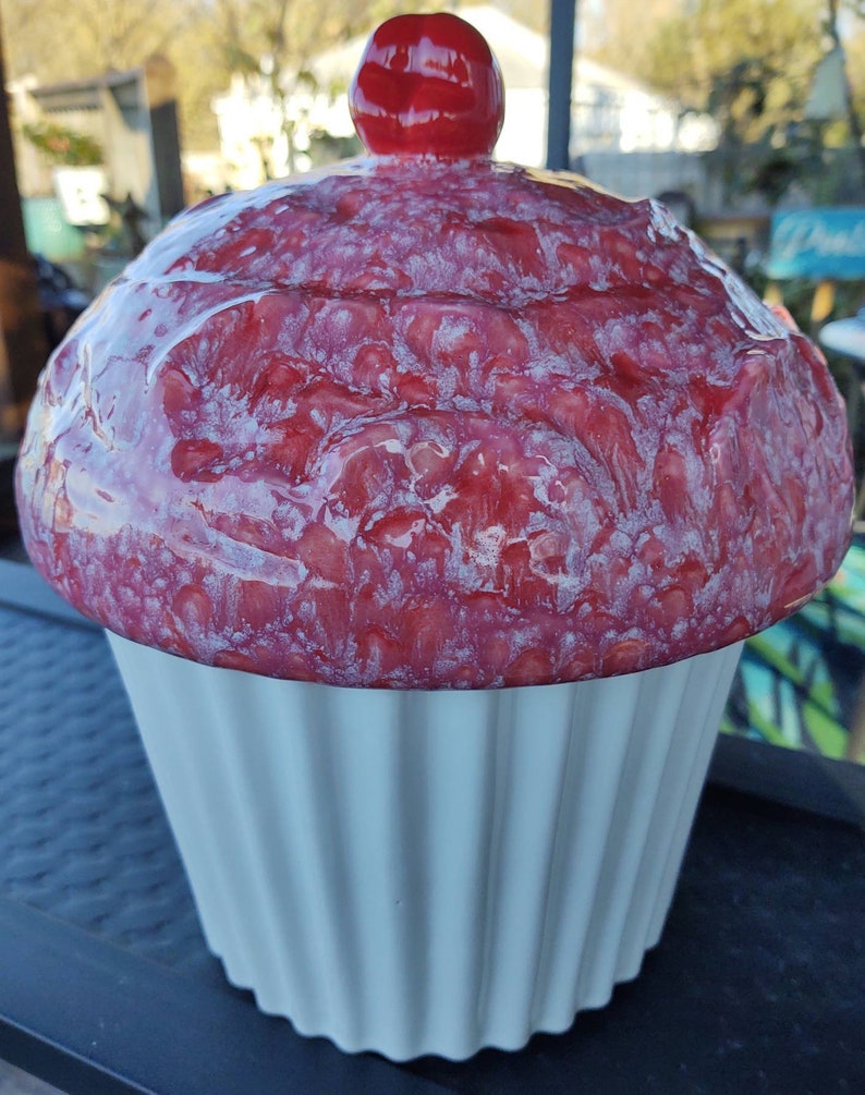 Large ceramic cupcake cookie jar with cherry on top Etsy