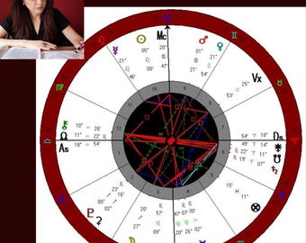 Könnte beinhalten: Ein kreisförmiges astrologisches Geburtshoroskop mit einer schwarzen Mittelscheibe, roten und blauen geometrischen Linien sowie weißen Segmenten, die Planetensymbole, Gradzahlen und Tierkreiszeichen auf einem dunkelroten Rand zeigen.