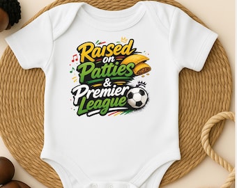 Body para bebé "Criado en patitas y días de partido", body de fútbol caribeño para bebé, regalo para bebé isleño
