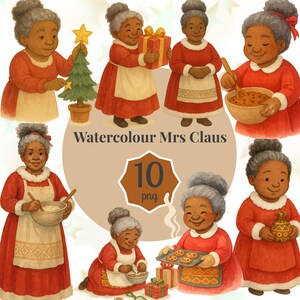 Watercolour Mrs Claus Clipart | 10 PNG Christmas Grandma | Cute Baking Mrs Claus | Holiday Cooking Clipart | Christmas Stickers | PNG Set