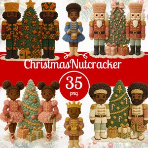 May include: A collection of Christmas Nutcracker figures in various designs. The figures include soldiers, drummers, and ballerinas, with Christmas trees and gift boxes. The text "Christmas Nutcracker" and "35 png" are also visible.
