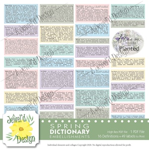 Puede incluir: Un collage digital con adornos estilo diccionario, definiciones y acentos florales. El diseño incluye el texto "Spring Dictionary Embellishments" y "Bloom where you are planted."
