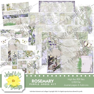 Puede incluir: Un kit de scrapbooking digital con un esquema de color morado y verde que presenta un diseño floral, un colibrí y el texto "ROSEMARY PURPLE GREEE KIT".
