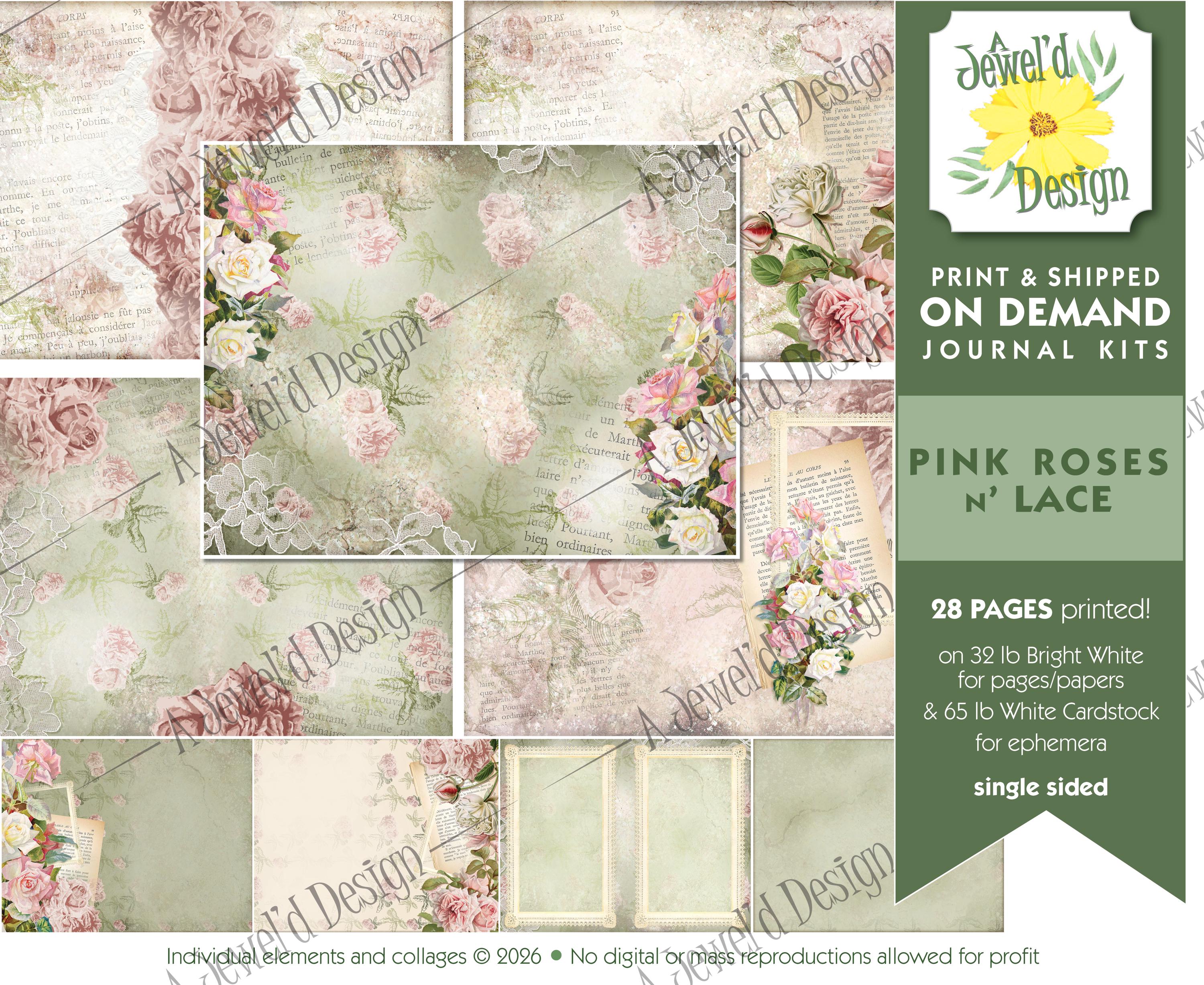 Rose Ribbon Journal Pink Roses and Lace Journal Kit - ON DEMAND Print N' Shipped Journal ...