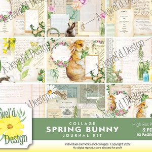 May include: A collage sheet with 23 pages of printable digital paper featuring a spring bunny theme. The paper includes images of bunnies, flowers, and vintage-style text.