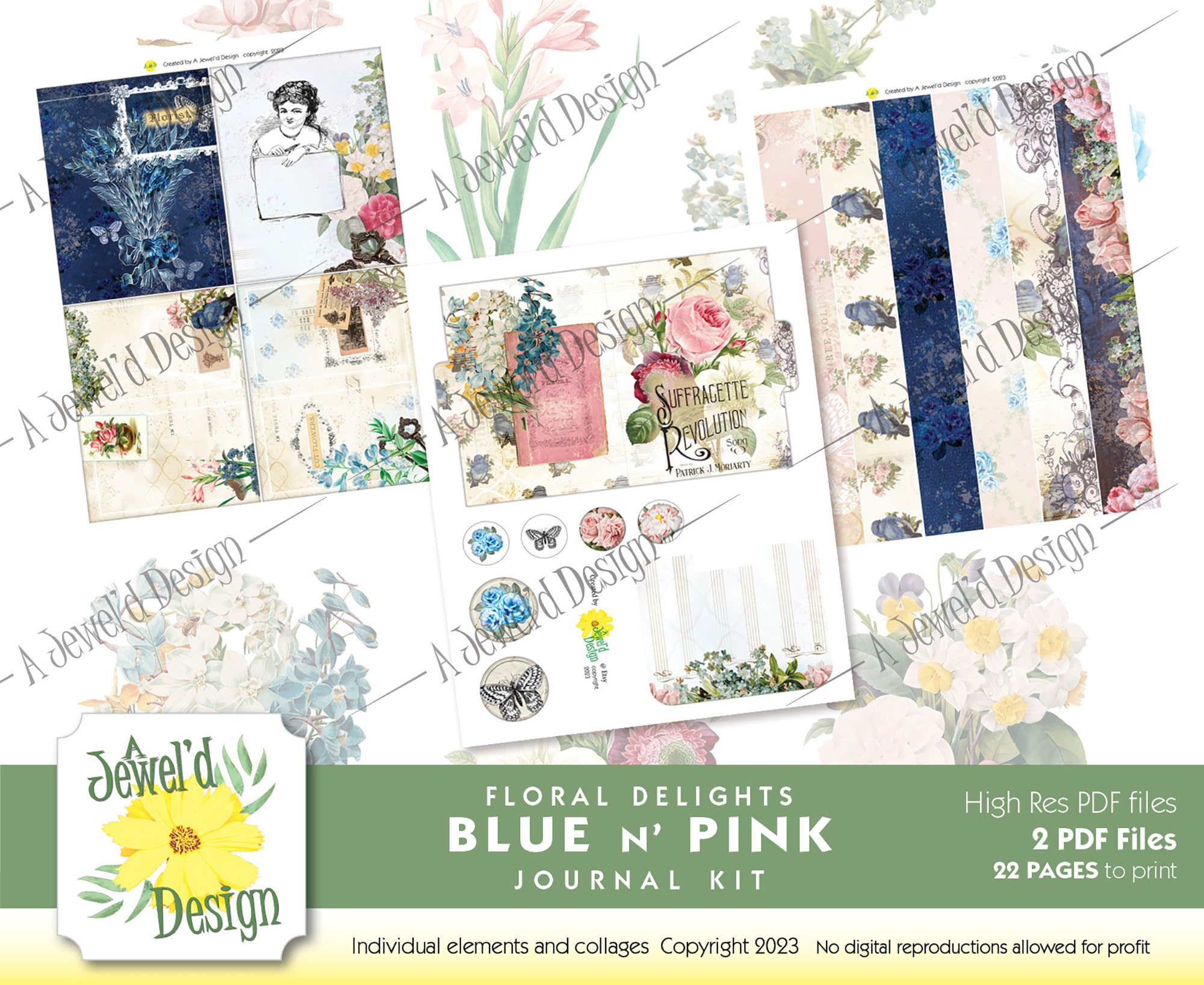 Blue N' Pink Floral Delights Digital Junk Journal Kit - Etsy