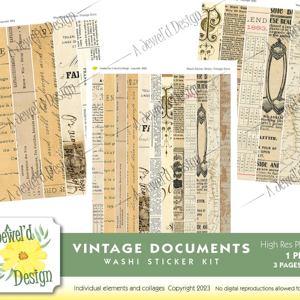 Digital Vintage and French Document Washi sticker strips for planners and journals