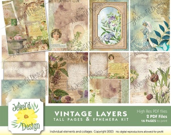 Vintage Layered Tall Journal Seiten und Ephemera Digital Kit