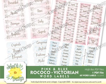 Rosa und Blau Rokoko Royal Victorian WORD Etiketten 60 ct