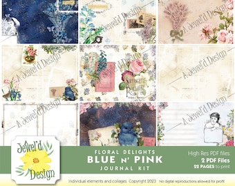 Blue N 'Pink Floral Delights Digital Junk Journal Kit