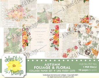 Autumn Foliage & Floral Collage Paper Set with Large Fussy Cut/DieCut images