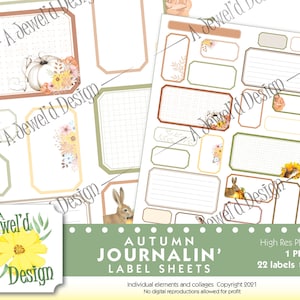 May include: A digital printable sheet featuring twenty-two autumn-themed labels with various shapes, including rectangles and octagons. The designs include illustrations of pumpkins, rabbits, squirrels, and flowers in orange, green, and brown.