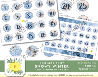 Snowy Winter Number Coin Labels for December dailies, advents and blue journals