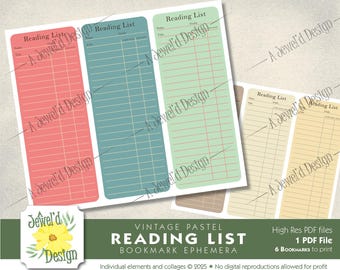 Vintage Retro inspirierte pastellfarbene "Leseliste Lesezeichen" Ephemera - Digital Kit