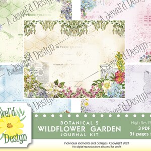 Pode incluir: Um kit de scrapbooking digital com 31 páginas imprimíveis com um tema botânico com flores silvestres, borboletas e pássaros. O kit é intitulado "Botanical 2 Wildflower Garden Journal Kit".