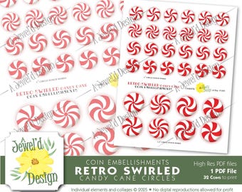 Retro Swirled - Red & White Candy Cane Circle Coin Embellishments: Digital - Ready to Print