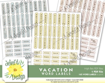Urlaub Inspiriert Word Label Blätter in Blau, Rosa und Gelb Leinen