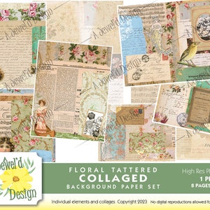 Floral Tattered Paper Digitally Collaged Paper Pack