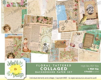 Floral Zerfetztes Papier Digital Collaged Paper Pack