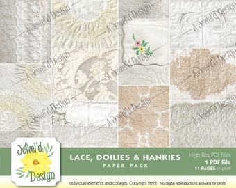 Vintage Spitze, Deckchen und Leinen Hanky Gescanntes digitales Journalpapier Pack