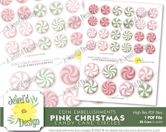 Pink & Mint Christmas Candy Cane Circle Coin Embellishments: Digital - Ready to Print