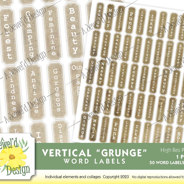 Vertical "Grunge Typeset" Inspired Word Label sheet