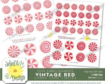 Vintage Red Candy Cane Circle Coin Embellishments: Digital - Ready to Print