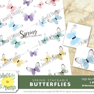 May include: A set of 24 printable spring butterfly illustrations. The butterflies are in various colors, including blue, green, yellow, pink, and purple. The butterflies are arranged in a grid pattern on a white background. The text "Spring Butterflies" is written in a decorative font at the top of the image.