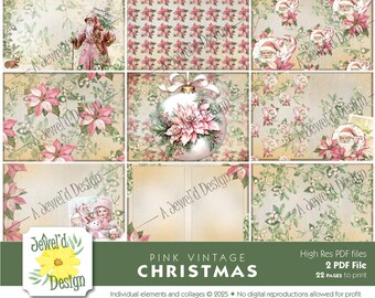 Pink Vintage Christmas Journal Papers & Ephemera Kit: Digital - Ready to Print
