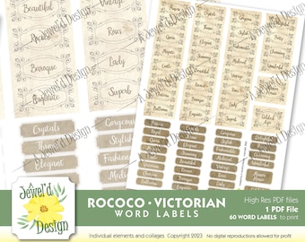 Rokoko Victorian Elegante Vintage Period Stück WORD Etiketten