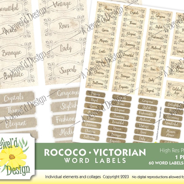 Rococo Victorian Elegant Vintage Period Piece WORD Labels