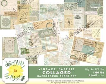 May include: A collection of vintage paper ephemera, including postcards, ledger pages, and botanical illustrations. The design features a collage of aged papers in shades of beige, green, and cream, with handwritten script and decorative elements. The text reads "Vintage Paperie Collaged Background Paper Set."