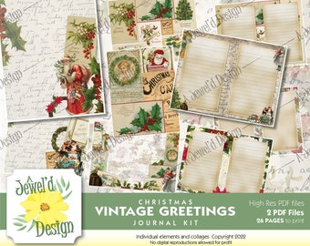 Vintage Christmas Greeting Digital Journal Kit Standard and Skinny Journal Set Up