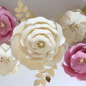 Assorted Paper Flowers, Paper Roses, Beige, Pink, Gold  - Set of 9